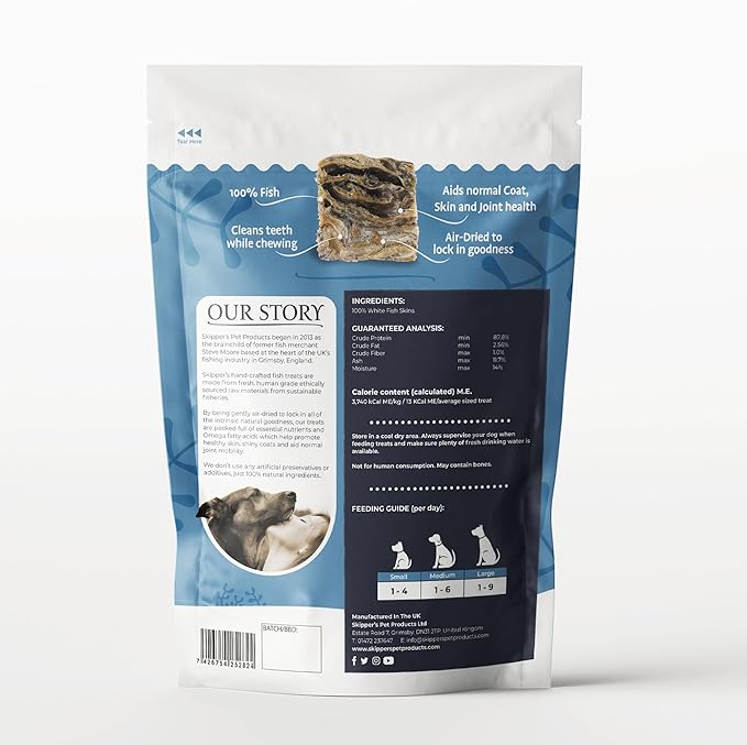 SKIPPER'S Cod Fish Skin Small Jerky Cubes - Gently Air Dried Single Ingredient Cod Skin Dog Treats, Rich in Omega 3 & Grain Free Crunchy Bites, Hypoallergenic & Gluten Free | Great for Teeth (9 Oz)