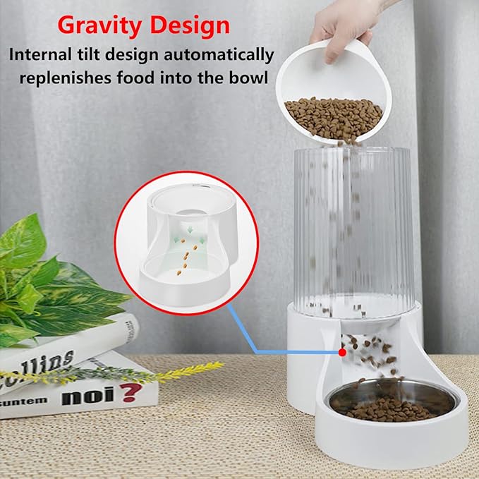 Automatic Cat Feeder, 3.8L Large Automatic Cat Feeders Gravity Cat Food Dispenser with Detachable Top Lid, Visible Bottle and Stainless Steel Bowl for Cat, Dog and Pet (White)