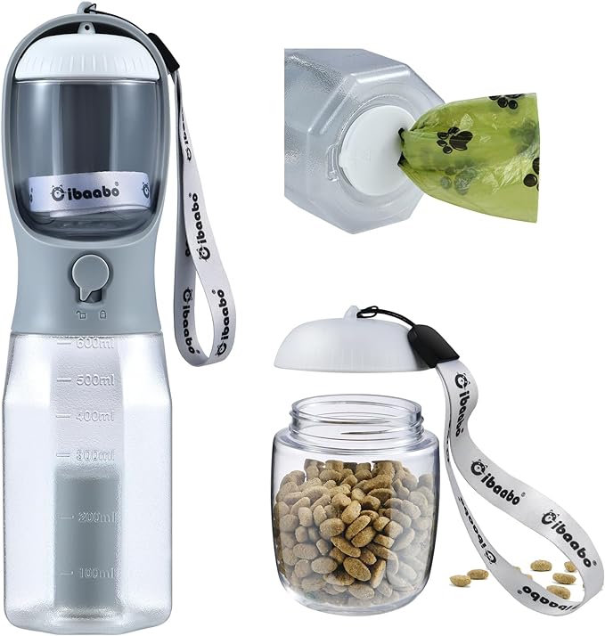 Dog Water Bottle with Food Container & Poop Bag Holder, Travel Water Bowl, Portable Pet Dispenser, Dog Stuff Accessories Items, Puppy Essentials Necessities for Yorkie Chihuahua Walking Hiking