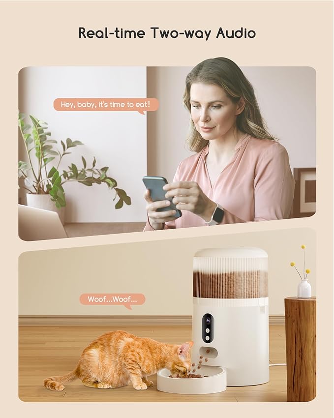 Faroro Automatic Cat Feeder with Camera, 3MP HD Video with Night Vision, 2.4G WiFi Cat Feeder with APP Control, 2-Way Audio, Low Food Sensor, Motion Alerts for Cats and Dogs