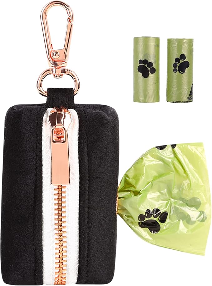 ARING PET Dog Waste Bag Dispenser, Soft Black Doggy Poop Bags Holders Attach to Any Leashes, Velvet Portable Washable Pet Waste Pouch Dispenser with Metal Zipper