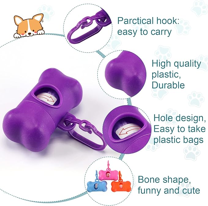 Zhehao 50 Pcs Dog Poop Trash Bag Holder Dispenser Dog Poop Waste Bag Holder Plastic Dog Waste Bag for Leash with Hook and Leak Proof PET Waste Bags for Walking Hiking Camping (Bone)
