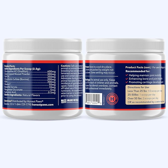 Honest Paws Mobility Bone and Joint Supplement for Dogs - Enhance Bone Health Lubricate Joints - Green Lipped Mussel, Glucosamine, Fish Oil, Chondroitin Sulfate, MSM, Vitamin C with Natural Flavors