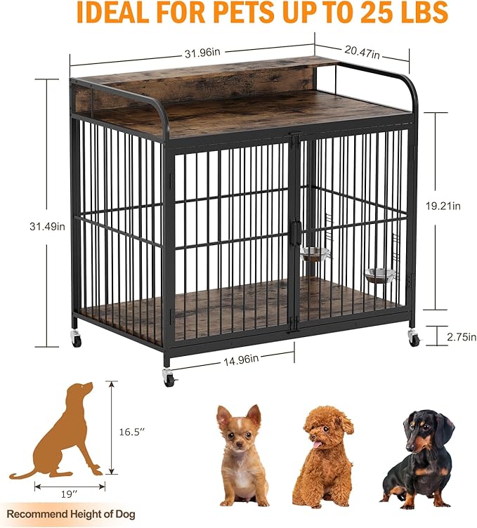 31.96 Inch Dog Crate Furniture, Wooden Heavy Duty Dog Crate with Adjustable Height and 360° Rotating Feeder, 2-in-1 Dog Kennel End Table Indoor, Decorative Pet Dog Crate (31.96"L x 20.47"W x 31.49"H)