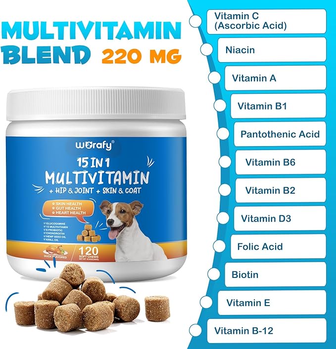 Dog 15-in-1 Multivitamin Chewable, Dog Vitamins & Supplements, Pet Joint Support Health - Immunity - Mobility - Gut - Skin, Dog Vitamins with Biotin, Cranberry, Glucosamine for Dogs (120 Chews)