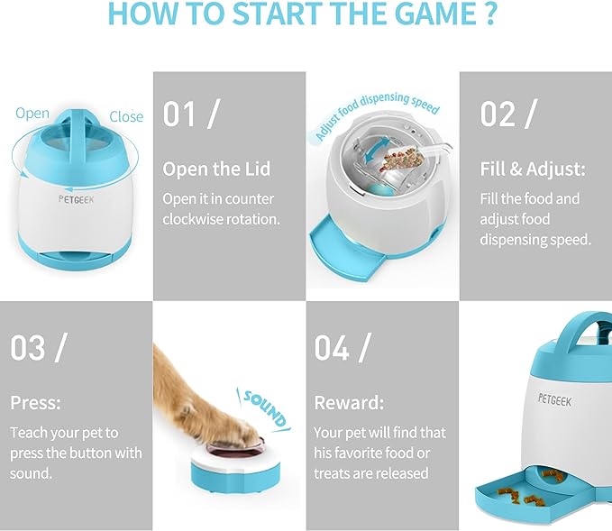 PETGEEK Automatic Treat Dispenser with Remote Button - Puzzle Memory Training Activity Toy- IQ Training Feeder for Dogs & cats (Blue)