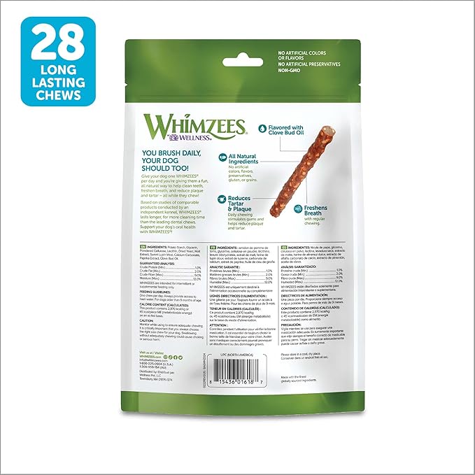 WHIMZEES Natural Grain Free Daily Dental Long Lasting Dog Treats, Veggie Sausage, Small, Bag of 28