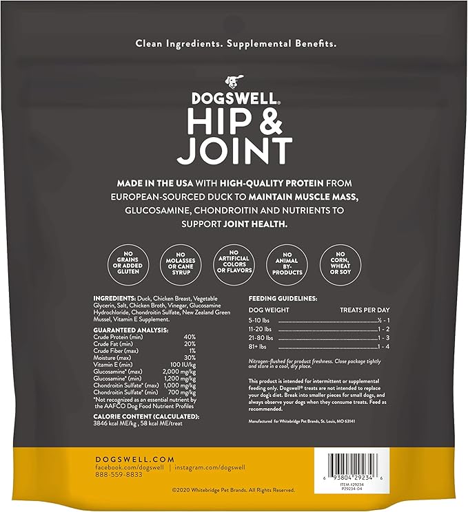 Dogswell Jerky Hip and Joint Dog Treats Grain Free Made in USA Only, Glucosamine and Chondroitin, 20 oz Duck