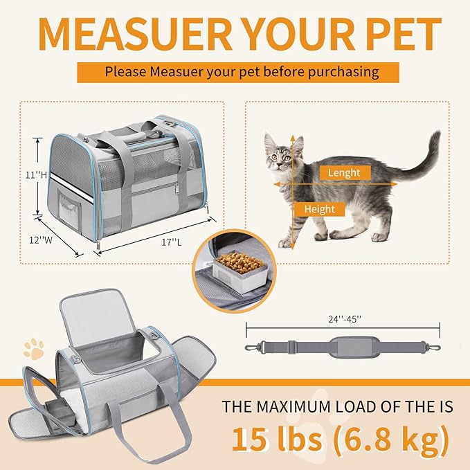 Cat Carrier Dog Carrier Pet Carrier Airline Approved for Small Dogs Medium Cats Puppies Under 15 lbs, Collapsible Soft Sided Dog Travel Carriers for Puppy and Kitten, Light Grey
