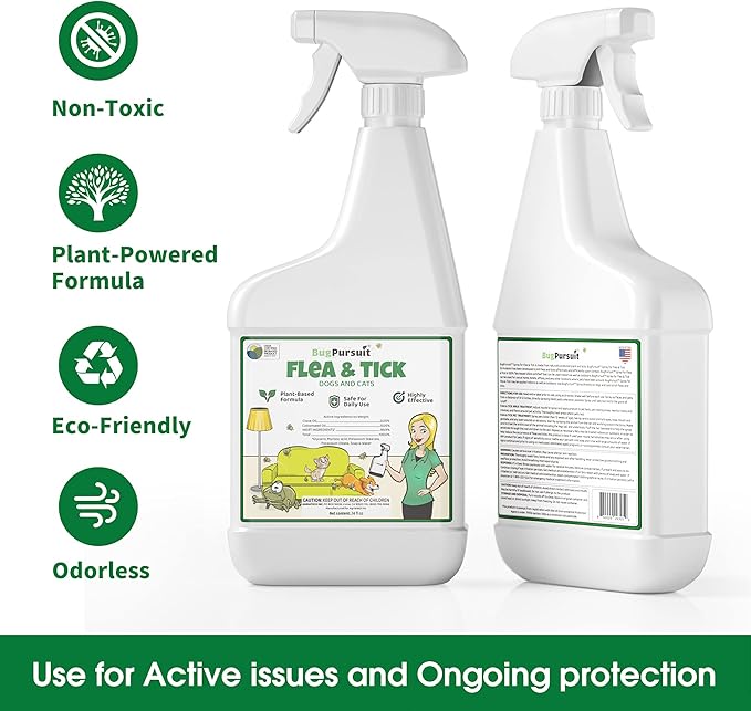 24oz Flea &Tick Spray, Flea and Tick Prevention for Dogs, Cats, Non-Toxic, Safe for Pets & Kids, Flea and Tick Spray for Home, Killer Flea, Tick, Lice, 100% USDA Biobased, Made in USA