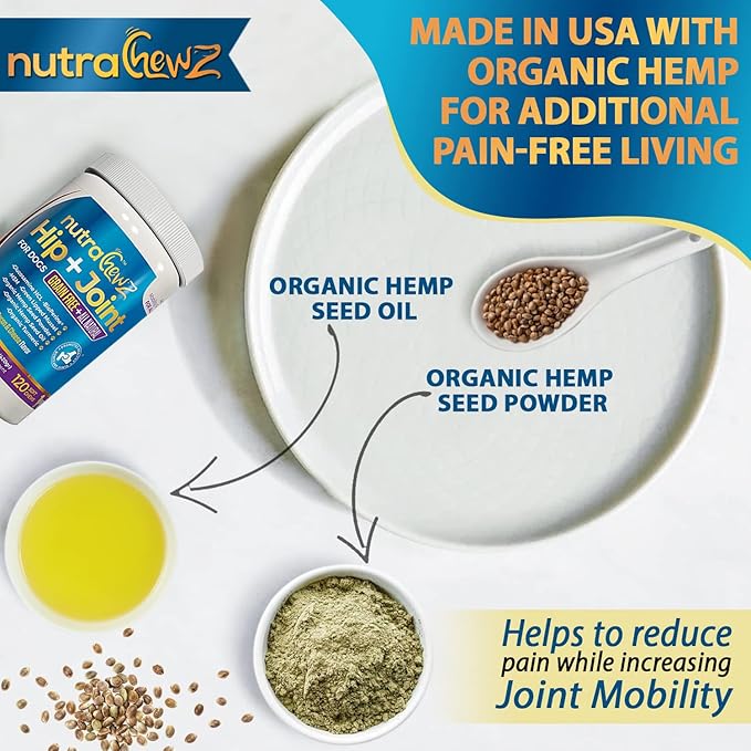 Grain Free Hip & Joint Supplement for Dogs with Organic Hemp Oil, Glucosamine Chondroitin, Turmeric, MSM, Green Lipped Mussel for Arthritis, Pain Relief, Mobility All Natural - 120 Chews