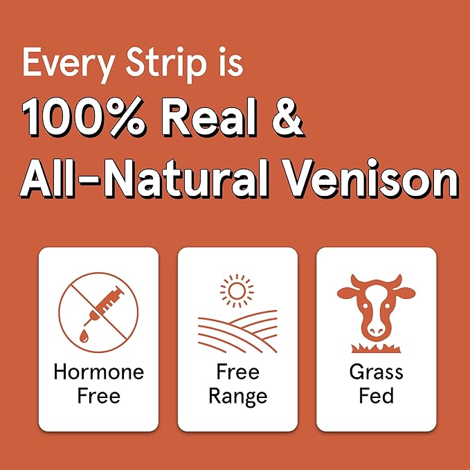 Real Meat Venison Jerky Dog Treats - 8 Air-Dried Strips of Jerky Treats for Dogs - Grain-Free Jerky Treats Dog Snacks with 95% Human-Grade Free-Range Grass Fed Venison - All-Natural Dog Jerky Strips