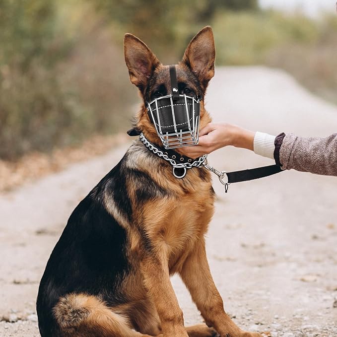 Dog Muzzle, Dog Metal Face Basket, Dog Mouth Breathable Adjustable Leather Leash Suitable for Large Medium-Sized Dogs (Black M)