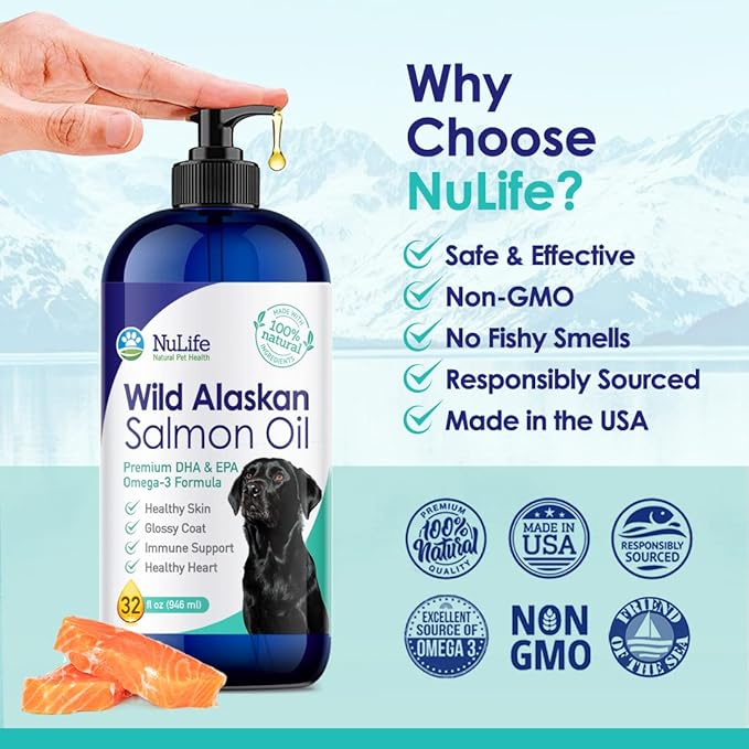 100% Pure Wild Alaskan Salmon Oil for Dogs, Omega 3 Dog Fish Oil Liquid, Skin and Coat Supplement for Shedding, Dry Itchy Skin and Allergies, All Natural EPA + DHA Fatty Acids, 32 oz Pump Bottle
