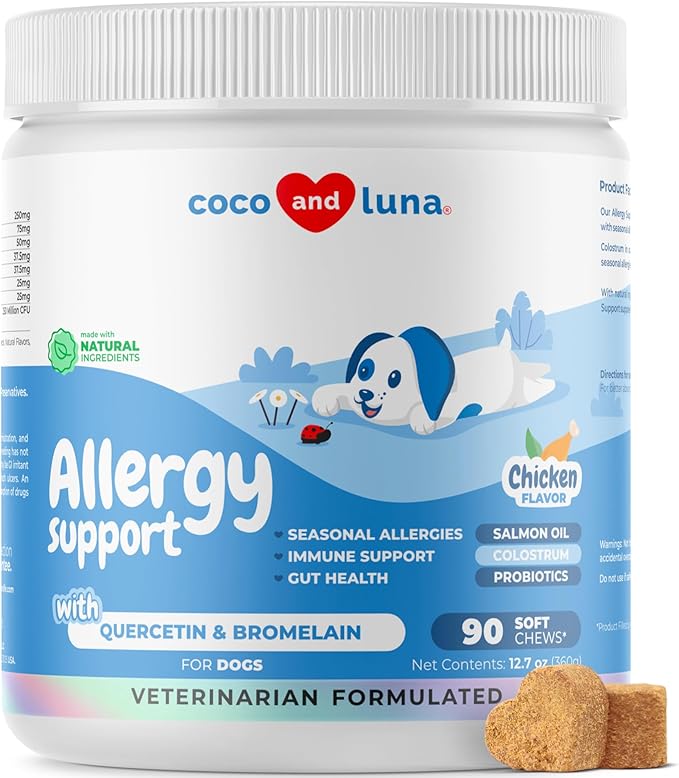 Dog Allergy and Itch Relief - 90 Soft Chews - w/Probiotics, Salmon Oil, Colostrum, Quercetin, and Turmeric - Anti Itch supplement, Support for Skin and Seasonal Allergies