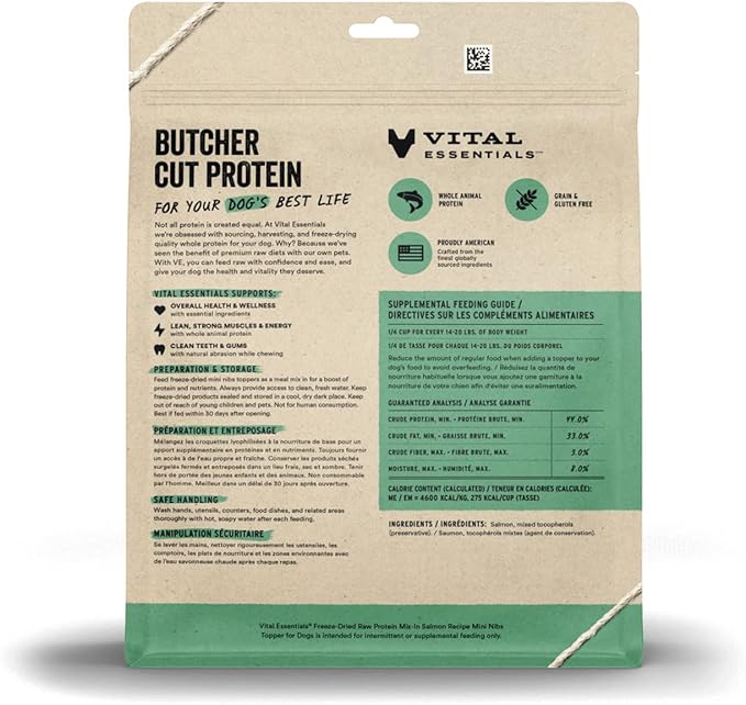 Vital Essentials Freeze Dried Raw Protein Mix-in Dog Food Topper, Salmon Mini Nibs Topper for Dogs, 18 oz