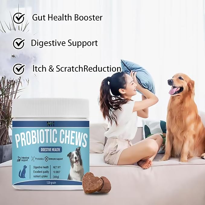 Probiotics for Dogs, Dog Digestive Support & Gas Relief, Dog Gut Health, Bad Breath, Allergies, Constipation, Diarrhea, Contains Probiotics, Prebiotics, Papaya Powder, Krill oi, 120 Chews for Dog