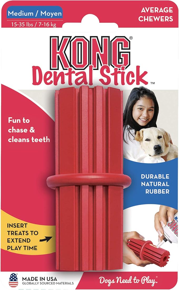 KONG Dental Stick for Dog Dental Care - Stuffable Chew Toy - Provides Chewing Outlet & Satisfies Instinctual Needs - Cleans Teeth & Gums - Made with Durable Natural Rubber - for Medium Dogs