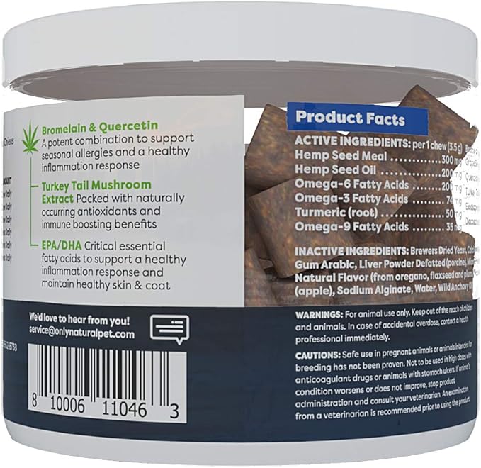 Only Natural Pet Allergy, Skin & Coat Hemp Soft Chews - Allergy Immune Bites for Dogs, Omega 3 Supplement, Hemp Oil - Calming Treats for Itchy Skin Relief, Hot Spot - (60 Count)