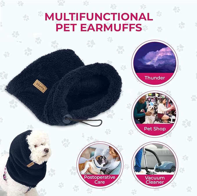 Adjustable Dog Noise Cancelling Ear Muffs Noise Protection - No Flap Ear Wraps for Dogs - Snoods Dog Headband Ear Covers for Anxiety Relief, Thunderstorms, Fireworks & Grooming (Navy, Large)