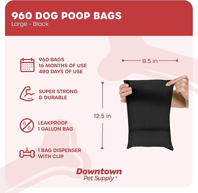 Downtown Pet Supply 960 Count Dog Poop Bags Refills with Leash Clip and Bone Bag Dispenser, Black - Dog Waste Bags Unscented and Leak-Proof with Dog Poop Bag Dispenser - 12.5 x 8.5"
