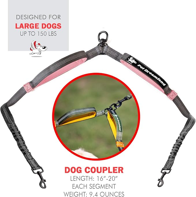 Exquisite Two Dog Leash Splitter | Double Dog Leash for Large Dogs Heavy Duty | No Tangle 2 Dog Leash Coupler | Dual Dog Leash Attachment | Retractable Dual Leashes for 2 Dogs