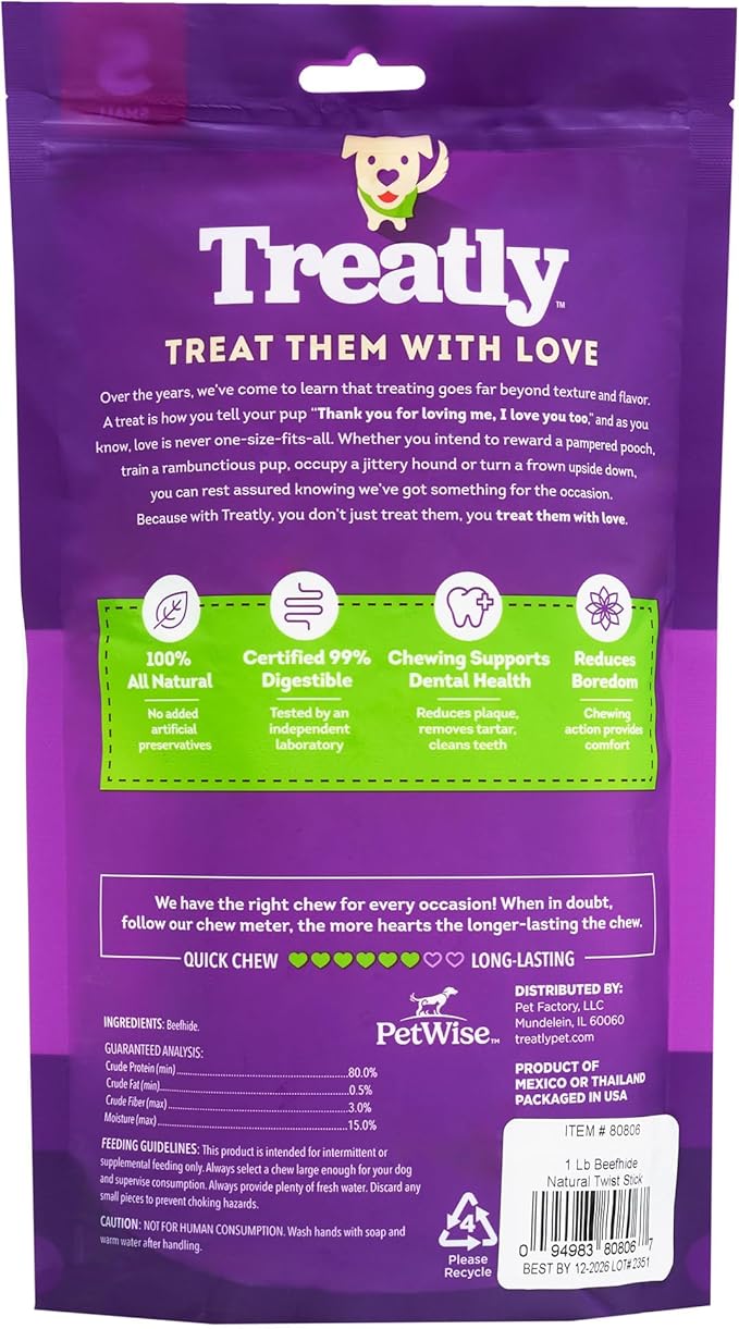 Beefhide Twist Sticks 5" Dog Chew Treats - Natural Flavor, 1 lb/1 Pack