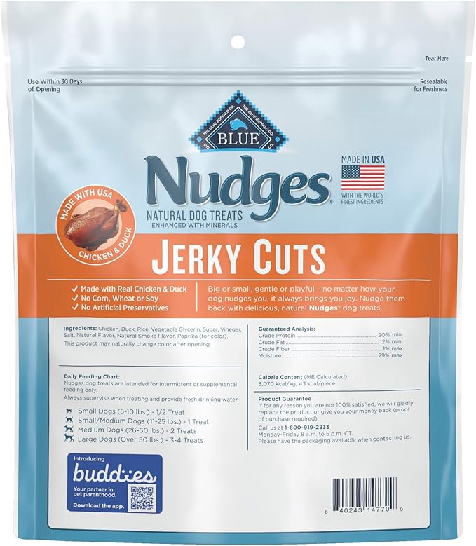 Blue Buffalo Nudges Jerky Cuts Natural Dog Treats, Duck, 10oz Bag