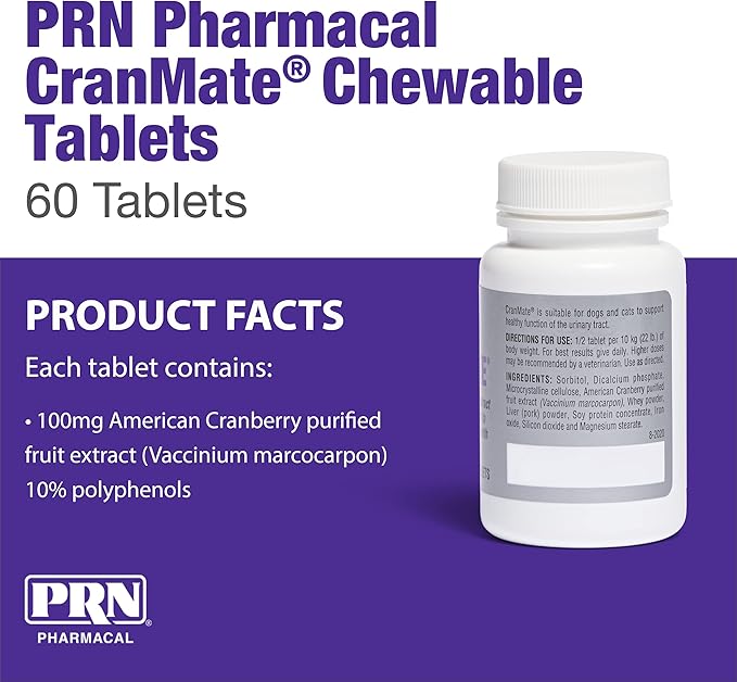 PRN Pharmacal CranMate Cranberry Supplement - Chewable Cranberry Extract Nutritional Supplements for Dogs & Cats - Cranberry Urinary Tract Health - 60 Chew Tabs (3 Pack)