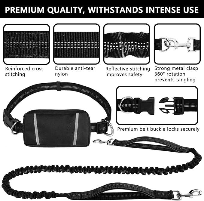 Hands Free Dog Leash, Waist Leash for Dog Walking, Running Leash with Zipper Pouch for Medium Large Dogs, Dual Handle and Retractable Bungee Hands Free Leash for Training Jogging Hiking