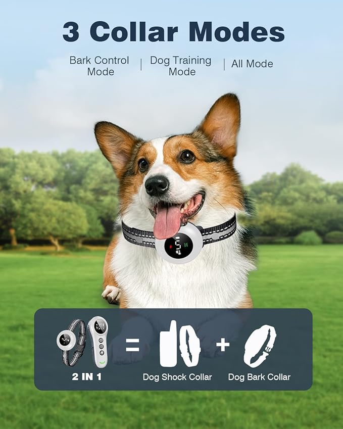 2-in-1 Dog Shock Collar & Dog Bark Collar - Smart Anti Barking Dog Training Collar with 5 Adjustable Sensitivity & 3300FT Remote for All Breeds IP67 Waterproof Rechargeable E-Collar (White)