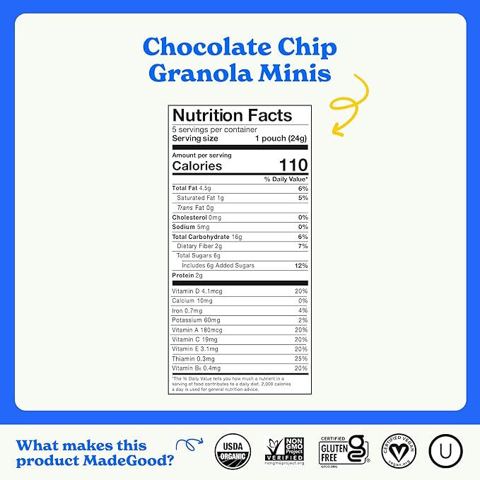 MadeGood Chocolate Chip Granola Minis, 28 Count, Organic and Delicious Snacks