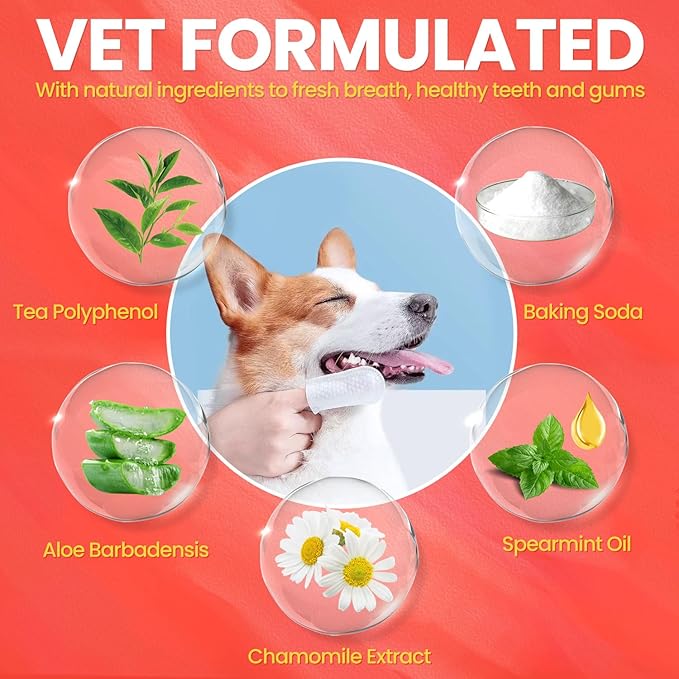 Dog Teeth Cleaning Wipes, Freshen Oral Odor & Remove Tartar Buildup, Dog Dental Care Finger Wipes for Cleaning & Gum Care, Disposable Dog Finger Toothbrush, Universal for Dogs & Cats, 50 Counts
