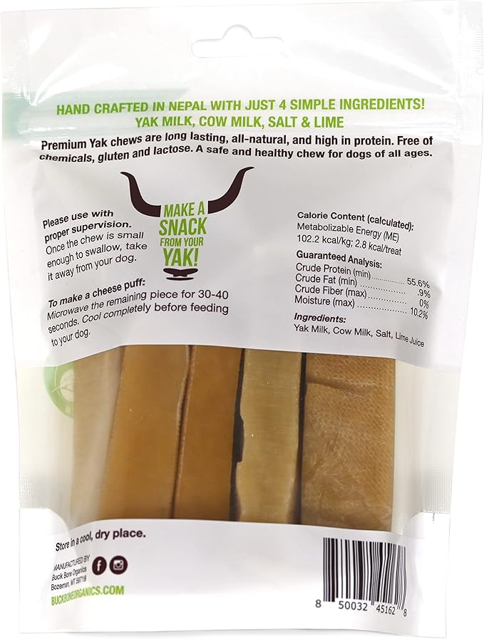 Buck Bone Organics Yak Cheese Chews for Dogs, All Natural Himalayan Yak Chew, Long Lasting Pet Treats, Odor Free, with Limited Ingredients (8 Small Sticks)