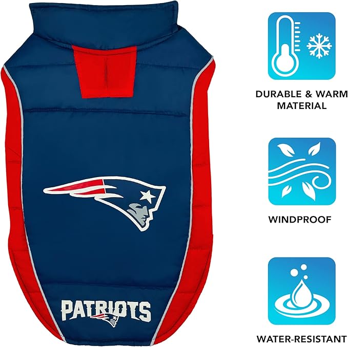 NFL New England Patriots Puffer Vest for Dogs & Cats, Size Large. Warm, Cozy, and Waterproof Dog Coat, for Small and Large Dogs/Cats. Best NFL Licensed PET Warming Sports Jacket