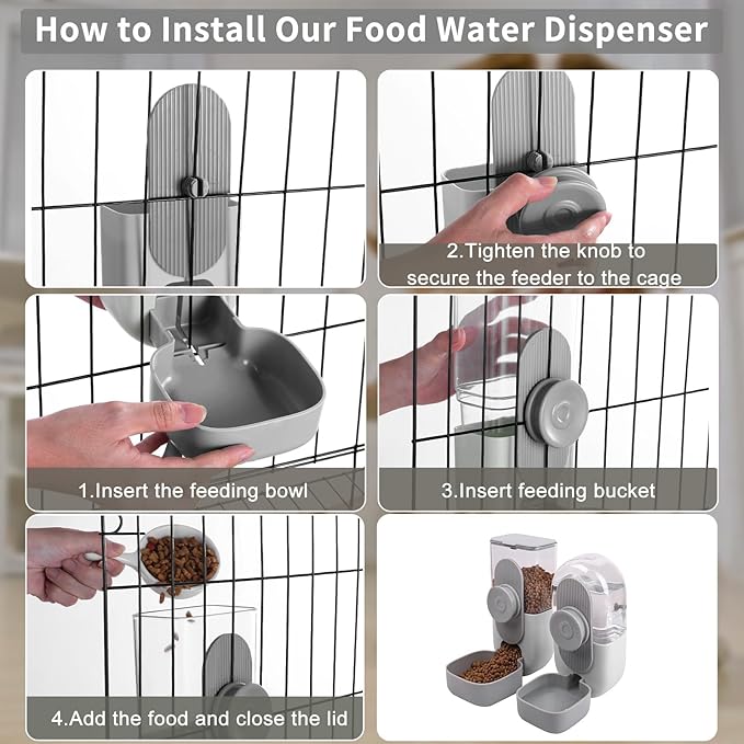 Hanging Automatic Rabbit Feeder for Cage,Dog Cat Food and Water Dispenser,Ferret Food Dispenser,Rabbit Water Bottle Guinea Pig Food Bowl Set,Gravity Feeder for Cats Dogs (Gray)