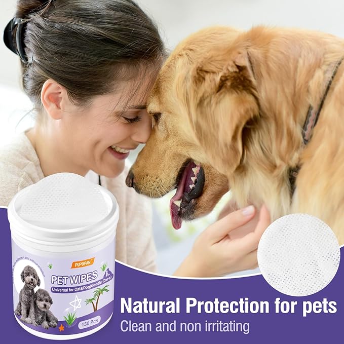 Pet Gentle Eye Wipes, 130 Count Universal Cat & Dog Grooming Wipes, Natural and Safe for Removing Dirt Crust and Discharge, Hypoallergenic for Ear, Body, Paw