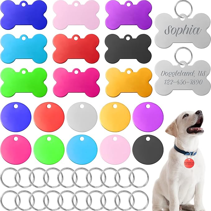 20 Pieces Colorful Aluminum Pet Id Tags Set with Keyrings Stamped Pet Blank Tags Round Bone Shape Dog Tags Personalized Engraved Pet Name Number Tags for Cat Puppy Kitten Pets, 10 Colors