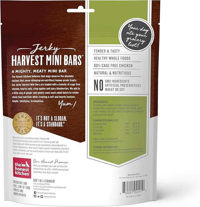 Variety Pack (2) Honest Kitchen Jerky Harvest Mini Bars Dog Treats (4-oz Bags) with AuroraPet Wipes