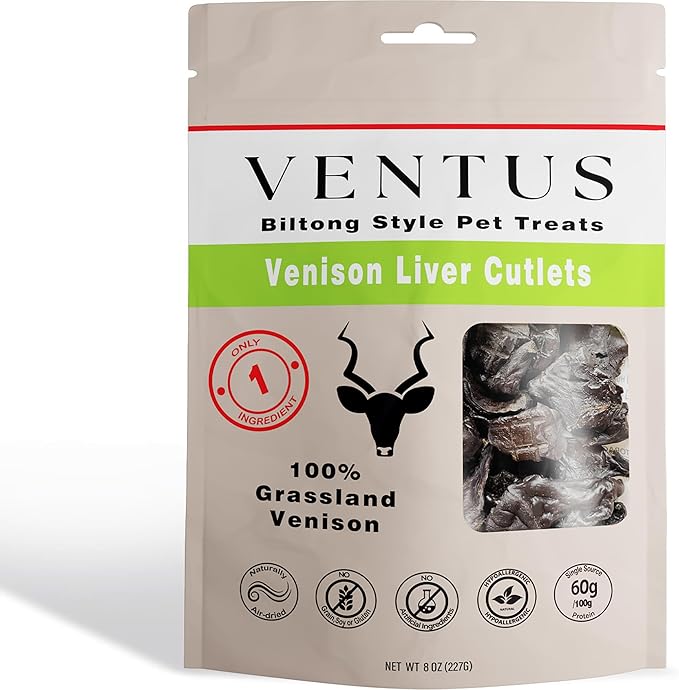 Biltong Style Venison Jerky Liver Cutlets for Pets, Ultra Premium Single Ingredient All Natural Air Dried Dog Jerky Treats, 8 oz