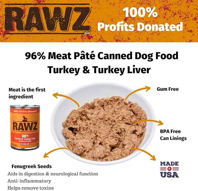 Rawz 96% Meat Canned Wet Food for Dogs 12 Pack/ 12.5 oz. Cans (Turkey/Turkey Liver)