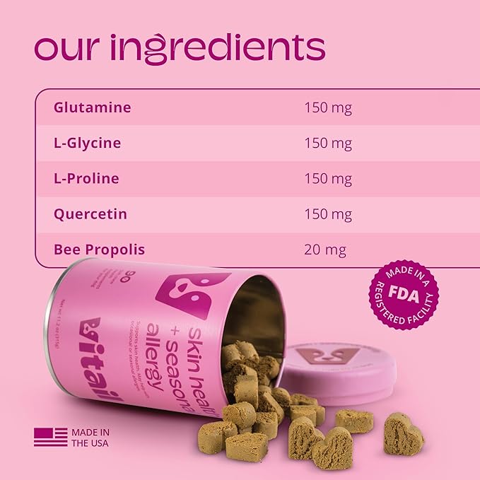Skin Health & Seasonal Allergy Dog Chews | Quercetin, Omega-3, Bee propolis, L-Proline, L-Glycine | Supports Collagen Production, Soothes Itchy Skin & Promotes Skin Health | 90 Soft Chews
