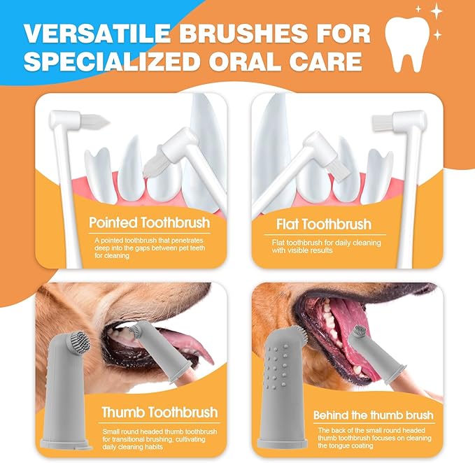 Pet Dental Care Kit: Complete Oral Hygiene with Specialized Brushes, Latest Thumb Brush Design, and Vibrant Colors!