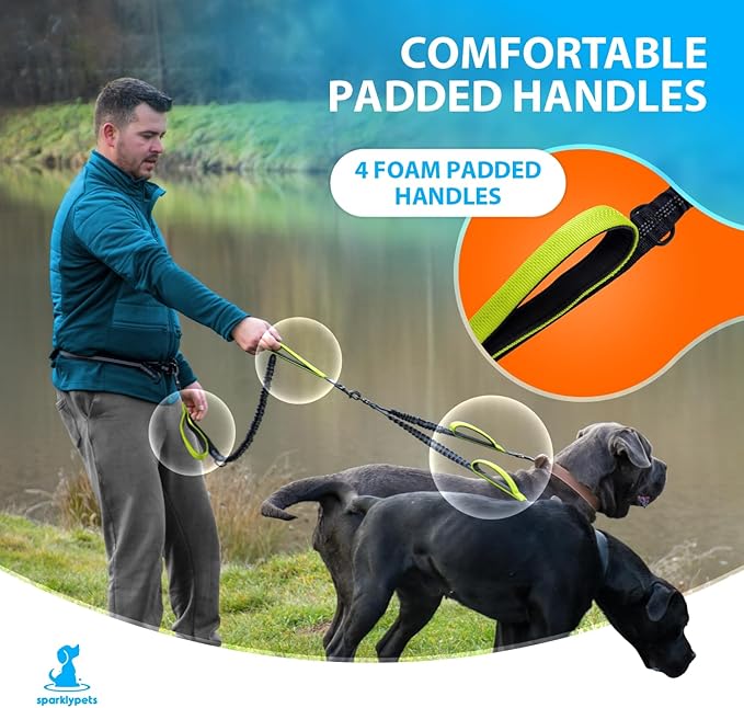 SparklyPets Hands Free Double Dog Leash – Dual Dog Leash for Medium and Large Dogs – Dog Leash for 2 Dogs with Padded Handles, Reflective Stitches, No Pull, Tangle Free