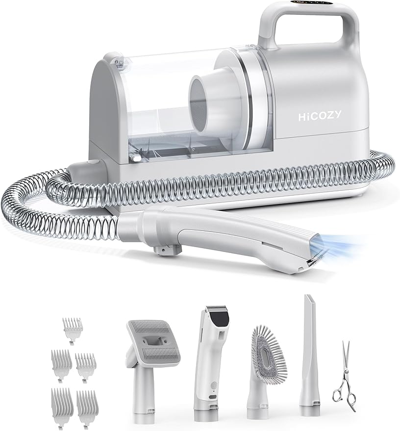 Hicozy S1+ Dog Grooming Kits, Minimum 50dB Pet Friendly Vacuum Machine, 12Kpa/120V Pet Grooming Vacuum for Dogs with 2L Dust Cup, 6 Professional Pet Grooming Kit for Dogs Cats, Gray