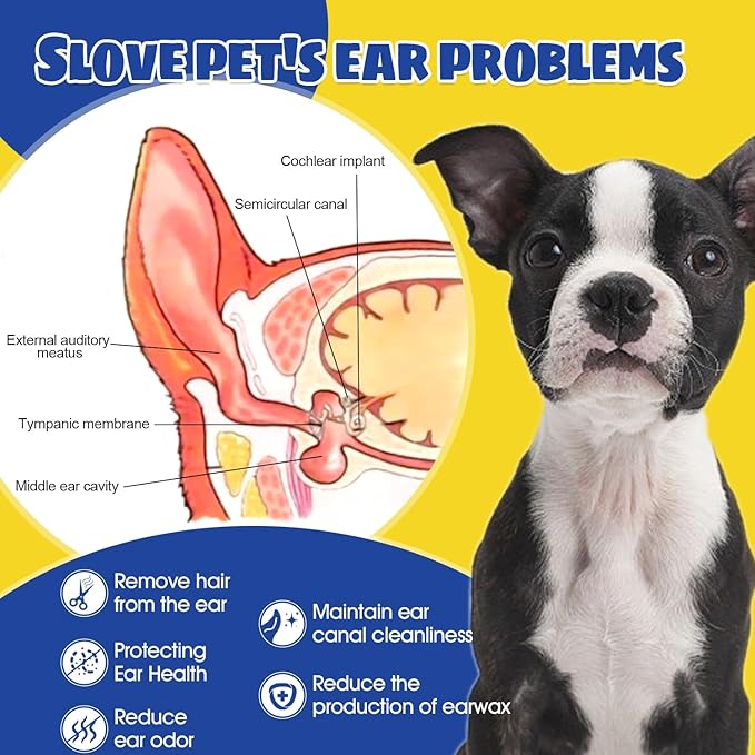 Upgraded Dog Ear Powder,Dog Ear Infection Treatment with 5.5inch Ear Hair Removal Tool,Effectively Removes Buildup and Ear Odor, Soothes Itchy