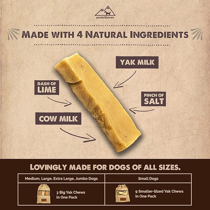 peakNpaws Himalayan Yak Cheese Dog Treats - Natural Chews for Aggressive Chewers - Grain-Free, Easily Digestible, Promoting Oral Health (3 Chews/24 oz Jumbo Size)