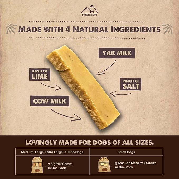 Yak Cheese Dog Treats - Natural Yak Chews from Himalayan Mountains - For Aggressive Chewers - Small, Value Pack 9 Chews - Grain Free, Lactose Free - Easily Digestible, Promotes Oral Health