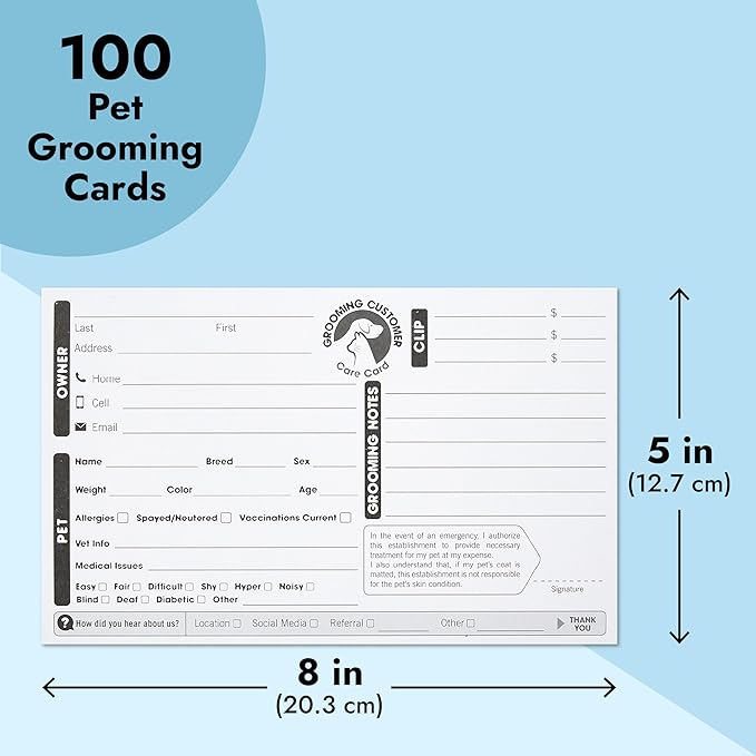 Juvale 100-Pack Pet Grooming Cards, Customer Information Cards, Cat or Dog Grooming Client Cards and Contact Profile Extender, Pet Info Record Cards for Groomers (8x5 in)