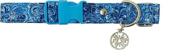 Lilly Pulitzer M/L Adjustable Blue Puppy Dog Collar, Cute Heavy Duty Canvas Collar with Snap Closure and Ring for Leash/Tag, Mermazing